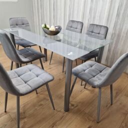 KOSY KOALA Dining Table & 6 Chairs Modern Grey Glass Table With 6 Grey Velvet Chairs Dining Room Furniture in Brown - thumbnail 9