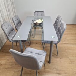 KOSY KOALA Dining Table & 6 Chairs Modern Grey Glass Table With 6 Grey Velvet Chairs Dining Room Furniture in Brown - thumbnail 7
