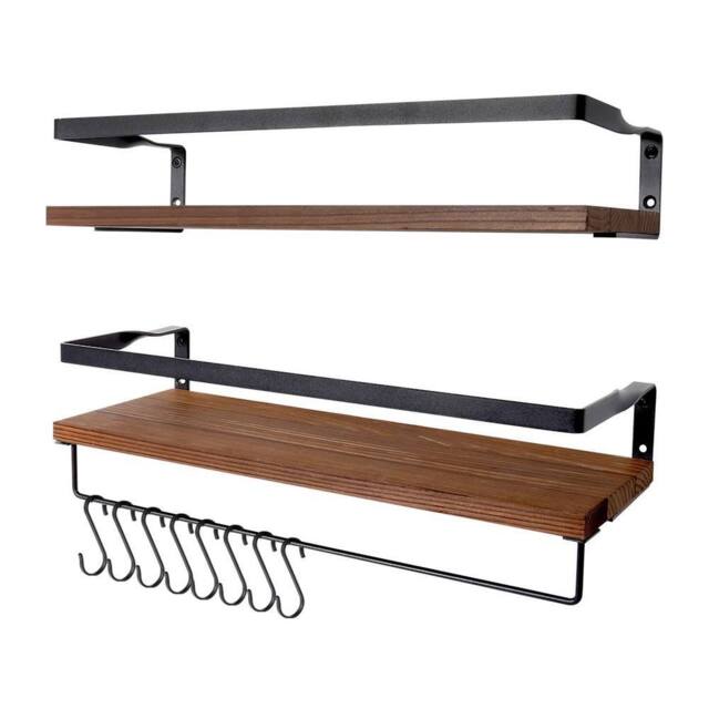 Havendro 2Pcs Wooden Floating Wall Shelves Display Storage Decor With Hooks in Brown - image 1