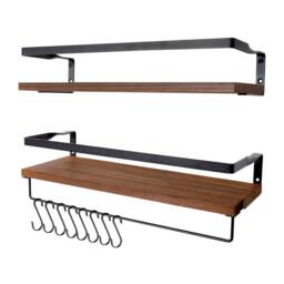 Havendro 2Pcs Wooden Floating Wall Shelves Display Storage Decor With Hooks in Brown - thumbnail 1