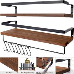Havendro 2Pcs Wooden Floating Wall Shelves Display Storage Decor With Hooks in Brown - thumbnail 5