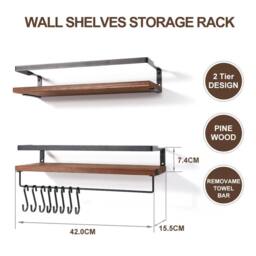 Havendro 2Pcs Wooden Floating Wall Shelves Display Storage Decor With Hooks in Brown - thumbnail 2