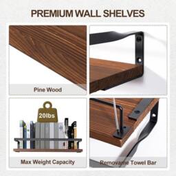 Havendro 2Pcs Wooden Floating Wall Shelves Display Storage Decor With Hooks in Brown - thumbnail 4