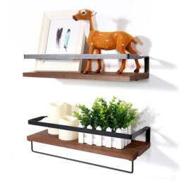 Havendro 2Pcs Wooden Floating Wall Shelves Display Storage Decor With Hooks in Brown - thumbnail 3