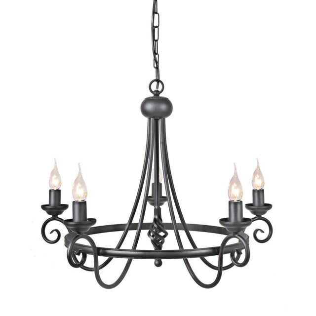 Loops 5 Bulb Chandelier Medieval Feel Soft Curving Arms Swirl Finial Black LED E14 60W