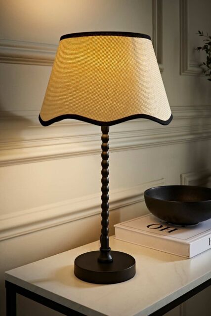 ValueLights Maeve Natural Scallop Black Trim Drum Shade Matte Black Bobbin Bobble Table Lamp - image 1