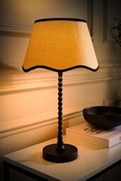 ValueLights Maeve Natural Scallop Black Trim Drum Shade Matte Black Bobbin Bobble Table Lamp - thumbnail 2
