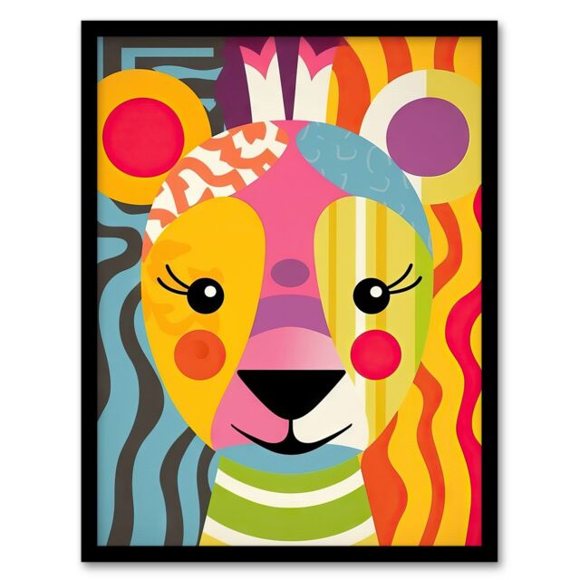 "Artery8 Wall Art Print Cute Zoo Animal Colourful Graphic Artwork Geometric Patterns & Shapes Kids Bedroom Painting Art Framed - Size: W12"" x H16""" - image 1