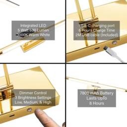 Happy Homewares Polished Gold Wireless Rechargeable 5w LED Touch Dimmable Picture Wall Light - thumbnail 4