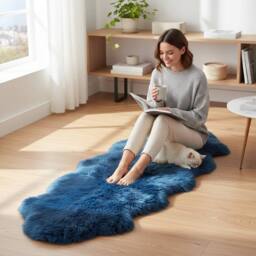 Infinity Leather Luxury Genuine Sheepskin Double Natural Fluffy Soft Real Wool Rug in Blue - Size: 180 cm x 60 cm - thumbnail 2
