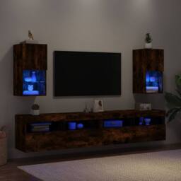 Berkfield Home TV Cabinets with LED Lights 2 pcs Smoked Oak 30.5x30x60 cm in Brown - thumbnail 4