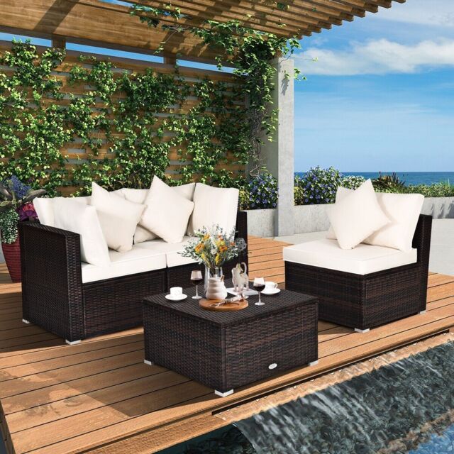 Gymax 4PCS Patio Furniture Set Wicker Sofa & Ottoman Set With Coffee Table in Beige