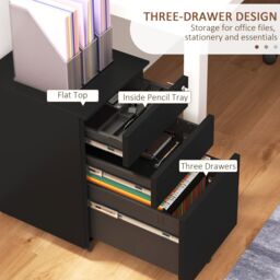 VINSETTO 3-Drawer Filing Cabinet w/ Removable Pencil Tray Lockable File Cabinet in Black - thumbnail 4