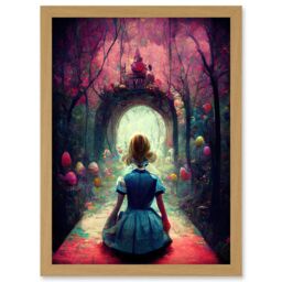 Artery8 Alice In Wonderland Through Looking Glass Enchanted Pink Forest Artwork Framed Wall Art Print A4 in Light Oak - thumbnail 1