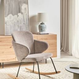 Wyld and Coco Rocking Chair Taupe Fabric Rubberwood Skates and Metal Legs in Beige - thumbnail 1