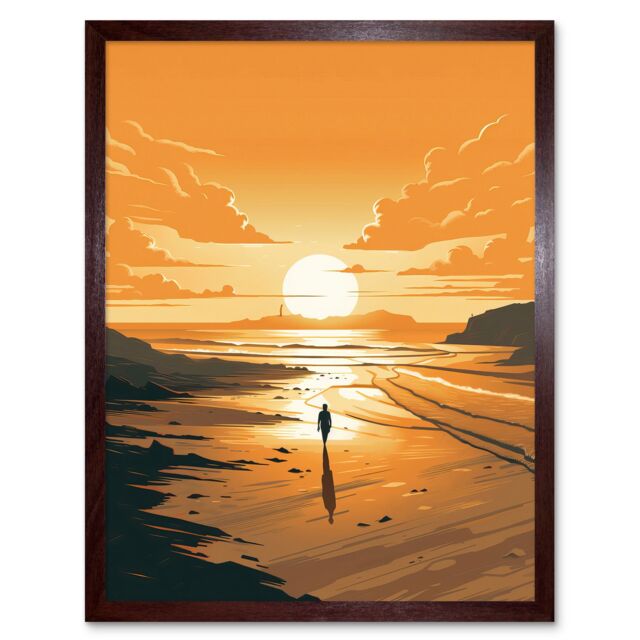 "Artery8 Wall Art Print Walk into the Sunset Sand Beach Coastal Landscape Art Framed in Brown - Size: W12"" x H16""" - image 1