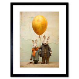 "Artery8 Wall Art Print Cute Nursery Artwork Rabbits & Balloon Adventure Oil Painting Artwork Framed 9X7 Inch in Black - Size: W7"" x H9""" - thumbnail 1