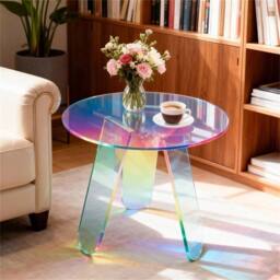 NESTLUNE Round Side Table Iridescent Acrylic End Table in Clear - Size: 100 cm x 15 cm - thumbnail 6