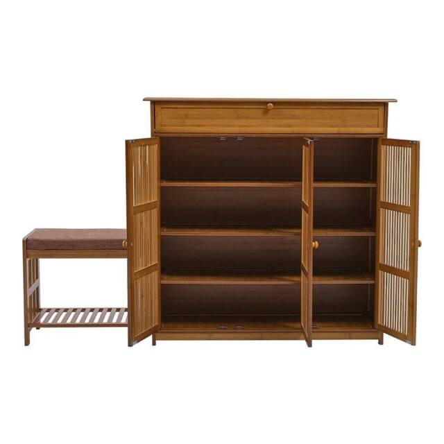 KORVIXA Bamboo Wood Large Shoe Storage Bench Cabinet Cupboard Organizer in Brown - Size: 100 cm x 100 cm - image 1