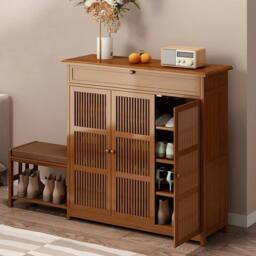 KORVIXA Bamboo Wood Large Shoe Storage Bench Cabinet Cupboard Organizer in Brown - Size: 100 cm x 100 cm - thumbnail 5