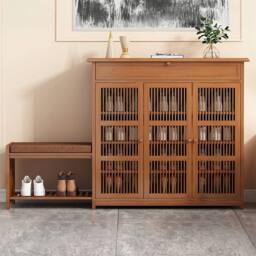 KORVIXA Bamboo Wood Large Shoe Storage Bench Cabinet Cupboard Organizer in Brown - Size: 100 cm x 100 cm - thumbnail 4