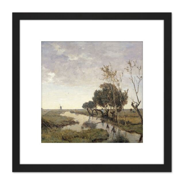 Artery8 Paul Gabriel A Watercourse Near Abcoude Painting 8X8 Inch Square Wooden Framed Wall Art Print Picture with Mount in Black - image 1