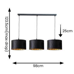 ValueLights Reni Black Velvet & Gold Shade 3 Drop Bar Black Diner Ceiling Light - thumbnail 8