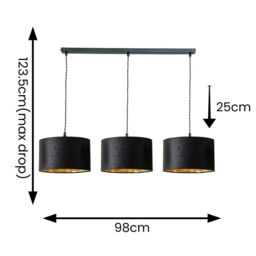 ValueLights Reni Black Velvet & Gold Shade 3 Drop Bar Black Diner Ceiling Light - thumbnail 7