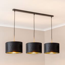 ValueLights Reni Black Velvet & Gold Shade 3 Drop Bar Black Diner Ceiling Light - thumbnail 1