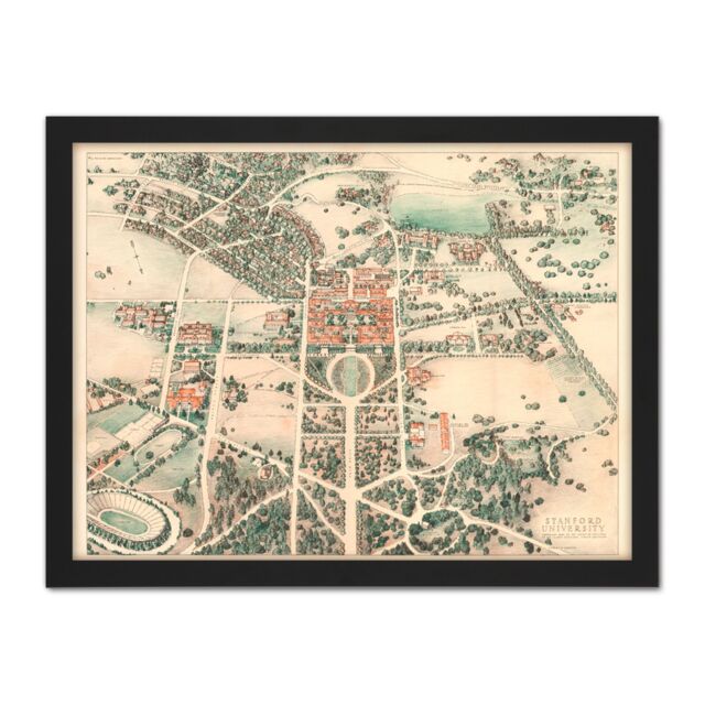 "Artery8 Wall Art Print Map Farmer 1934 Stanford University Birds Eye Large Framed Wall Décor Art in Black - Size: W18"" x H24""" - image 1