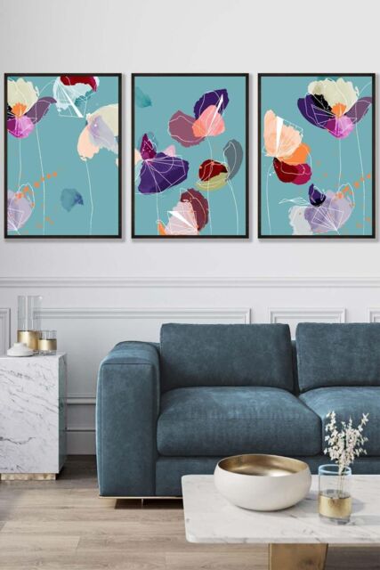 ARTZE Set of 3 Black Framed Graphical Colourful Spring Flowers Triptych Wall Art - Size: W33 cm x H45 cm x D20mm - image 1
