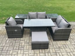 Fimous 6 Seater Rattan Furniture Garden Dining Set Outdoor Height Adjustable Rising lifting Table Love Sofa Chair With Side Table in Dark Grey - thumbnail 2