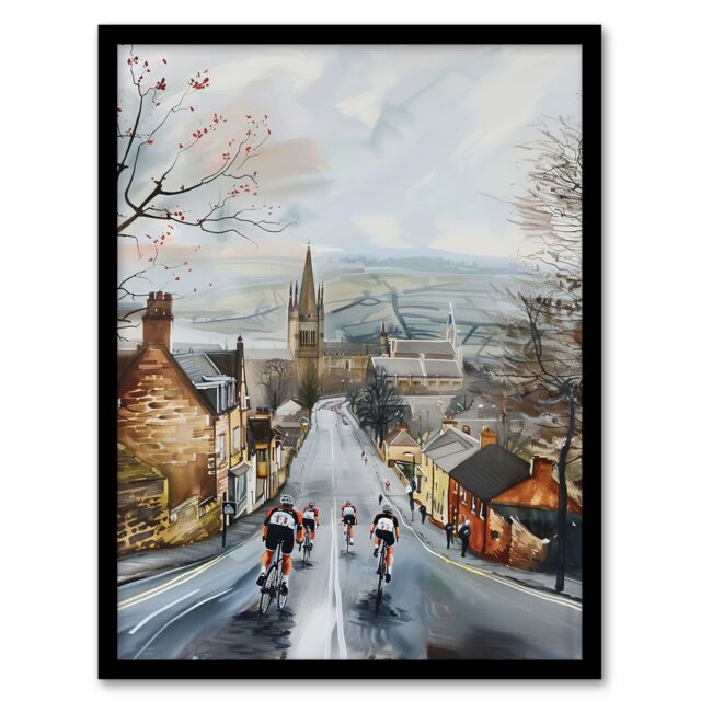 Artery8 Cyclists in Misty Yorkshire Town Street Painting Framed Art Print in Grey - Size: A4 - image 1