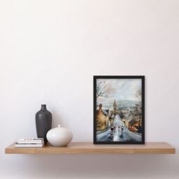 Artery8 Cyclists in Misty Yorkshire Town Street Painting Framed Art Print in Grey - Size: A4 - thumbnail 4