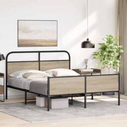 Berkfield Home Metal Bed Frame without Mattress Smoked Oak 160x200 cm in Light Brown - thumbnail 4