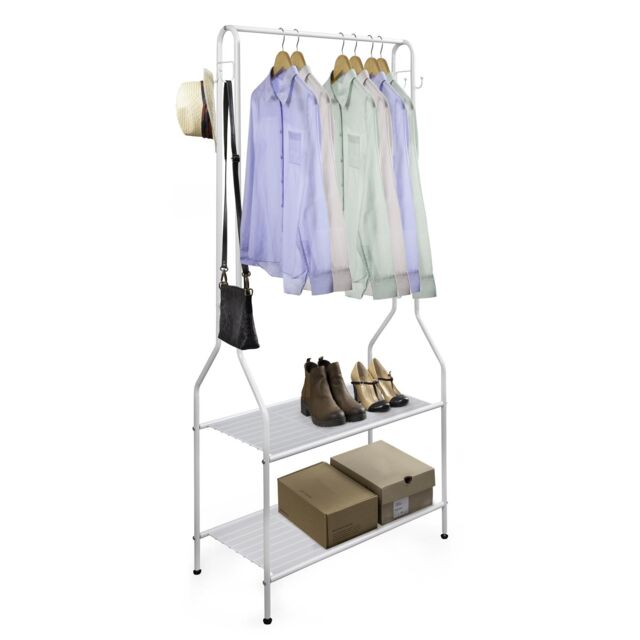 House of Home Clothes Rack Steel White Clothing Rail With Two Shelves Hanging Hooks 5ft Height - image 1