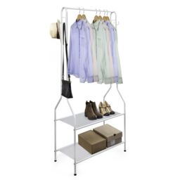 House of Home Clothes Rack Steel White Clothing Rail With Two Shelves Hanging Hooks 5ft Height