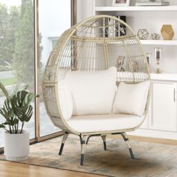 Gymax Rattan Egg Chair Oversized Lounger Wicker Chair With 4 Cushions in Light Brown - thumbnail 4