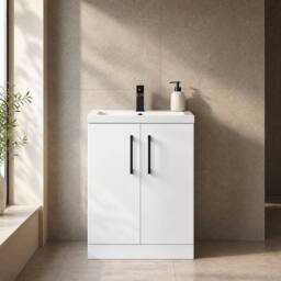 Balterley Bathroom Vanity Basin Unit, Black Handles, 600mm, Gloss White - thumbnail 4