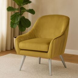 Orsina Modern Mustard Velvet Armchair For Living Rooms, Elegant Curve Pleated Lounge Chair, Decent Dining Chair in Yellow - thumbnail 1