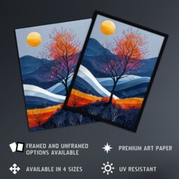 "Artery8 Wall Art Print Moon & Autumn Tree in Scottish Hills Painting Art Framed Poster in Black - Size: W12"" x H16""" - thumbnail 2