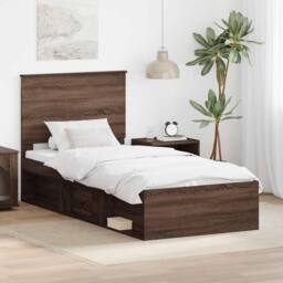Berkfield Home Bed Frame with Headboard Brown Oak 90 x 190 cm Solid Pine Wood - thumbnail 1