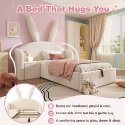 Matteo Girl's Bunny Ears Kids Bed - Upholstered with Storage & Nightstand - Beige - Size: Single - thumbnail 3