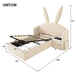Matteo Girl's Bunny Ears Kids Bed - Upholstered with Storage & Nightstand - Beige - Size: Single - thumbnail 2