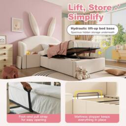 Matteo Girl's Bunny Ears Kids Bed - Upholstered with Storage & Nightstand - Beige - Size: Single - thumbnail 6