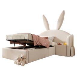 Matteo Girl's Bunny Ears Kids Bed - Upholstered with Storage & Nightstand - Beige - Size: Single - thumbnail 7