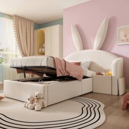 Matteo Girl's Bunny Ears Kids Bed - Upholstered with Storage & Nightstand - Beige - Size: Single - thumbnail 1