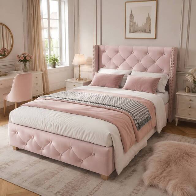 ModernLuxe Upholstered single bed with headboard & wooden legs in Pink - image 1