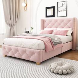 ModernLuxe Upholstered single bed with headboard & wooden legs in Pink - thumbnail 3