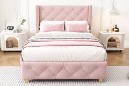 ModernLuxe Upholstered single bed with headboard & wooden legs in Pink - thumbnail 9